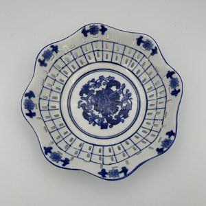Blue & White Candy Bowl Dish Reticulated Lattice Pattern 6 3/4 in